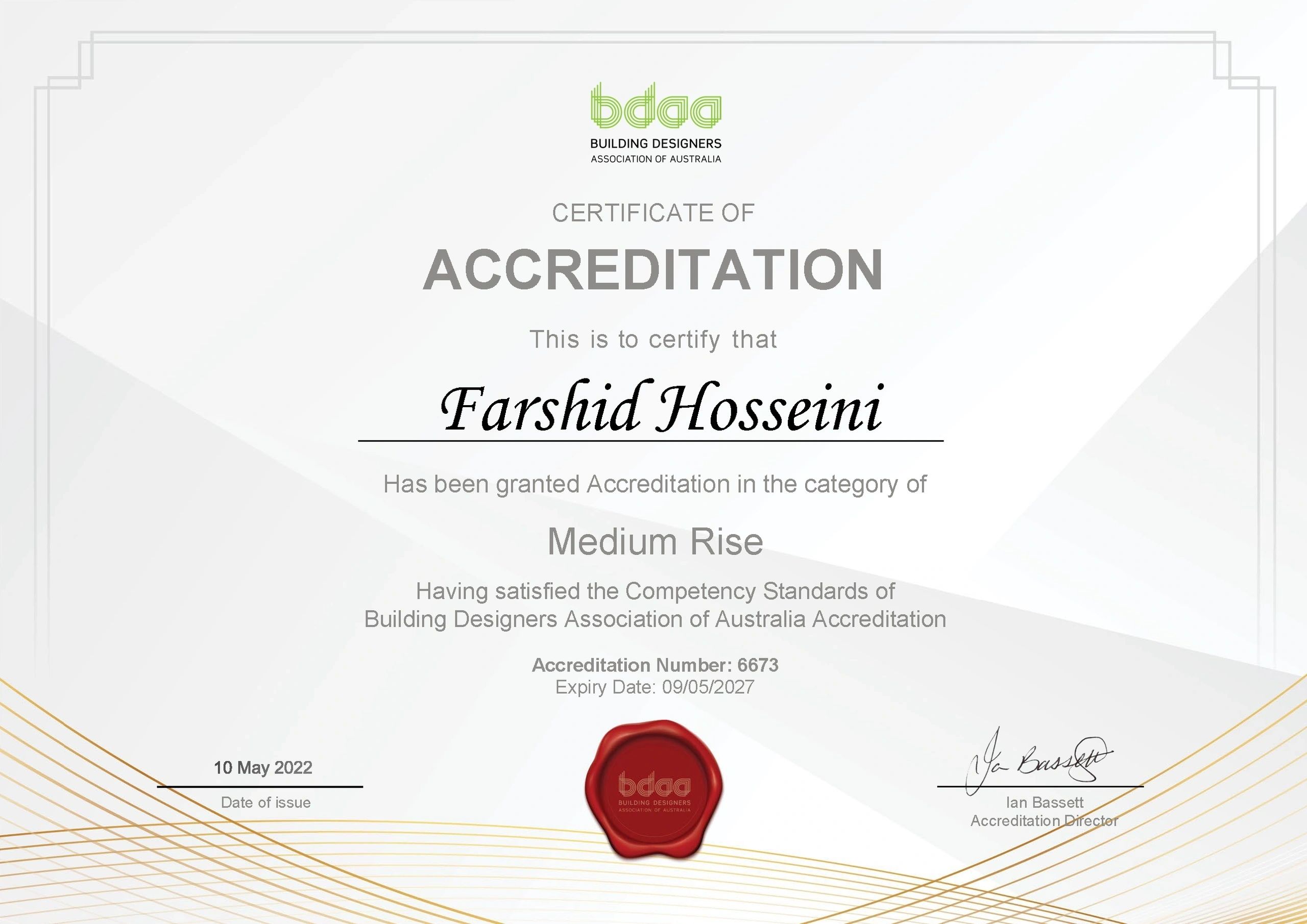 BDAA accreditation certificate for Farshid Hosseini
